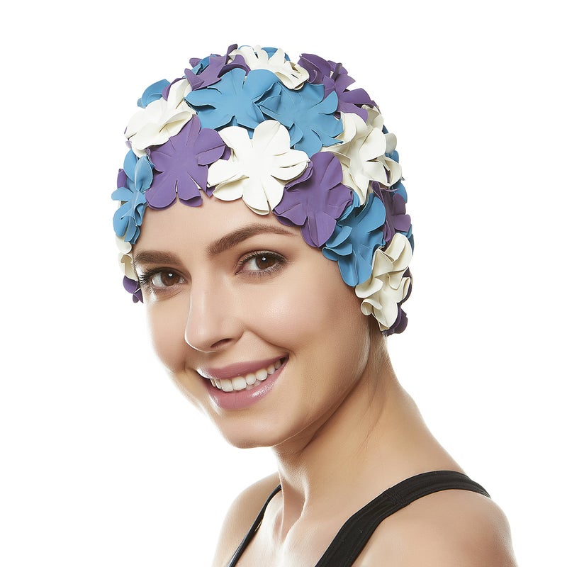 BEEMO Floral Petal Ladies Bathing Swim Cap - Purple/Blue/Whte - Image 5